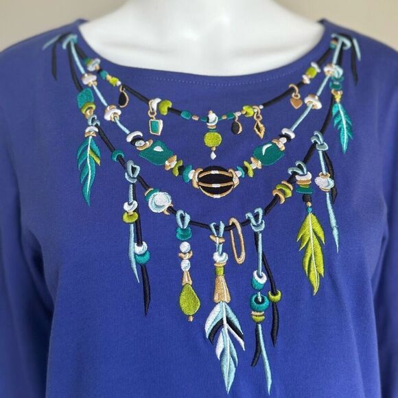 Bob Mackie Embroidered Feathers And Beads Purple Top - Picture 2 of 8